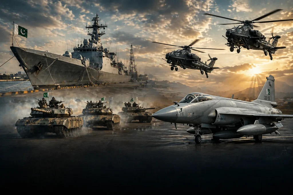 Pakistan’s Military Spending Jumps to $11.9bn After 2025 War — India Hits $92bn Pakistan military spending surge visual showing naval warship, fighter jet, attack helicopters, and tanks symbolizing defence expansion to $11.9bn after 2025 war