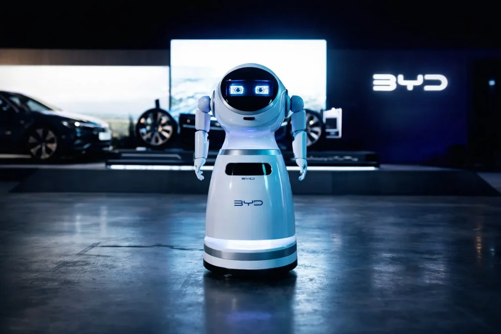 BYD Files ‘A Robot’ Patent to Revolutionize EV Charging and Tire Maintenance BYD robot EV charging system “A Robot” autonomously charging an electric vehicle and inflating tires in a smart parking area