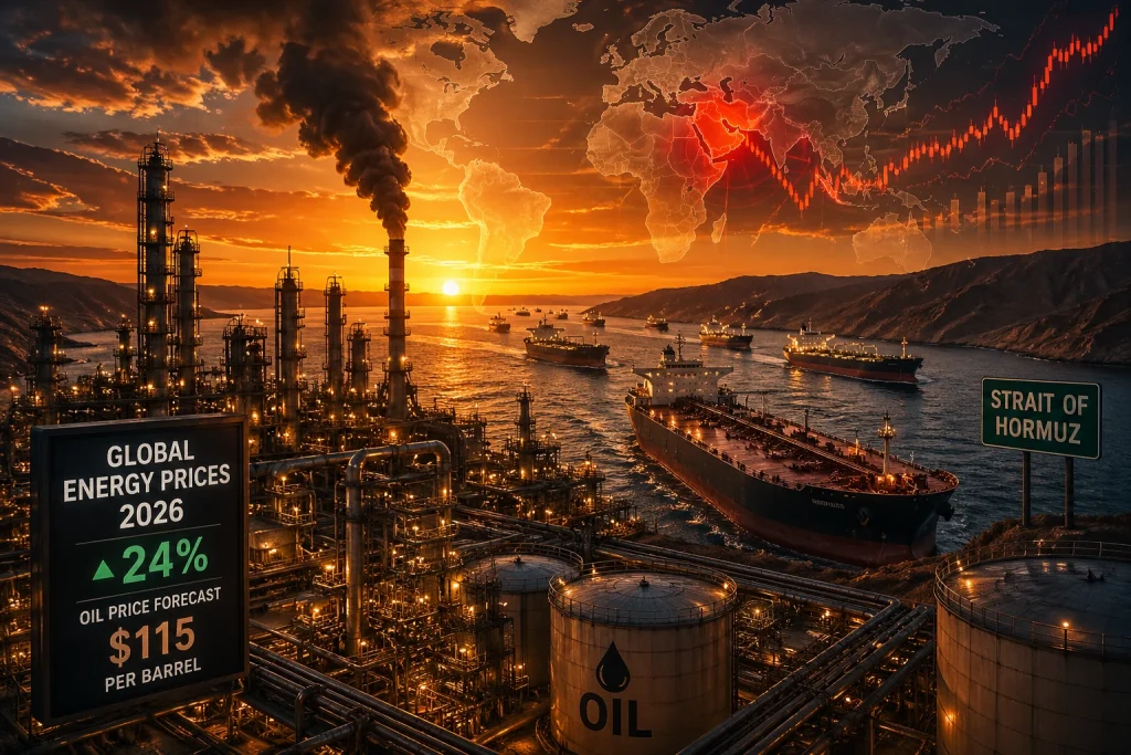 Global Energy Prices to Jump 24% in 2026 as Oil Shock Threatens Economy: World Bank Global energy prices 2026 surge shown by oil refinery and supply shock amid Strait of Hormuz disruption and World Bank energy forecast