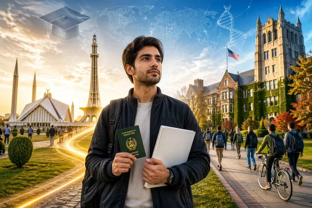 HEC US Scholarships 2026 Open for Applications with Full Funding for Top Universities HEC US scholarships 2026 opportunity showing Pakistani student heading to top US university for fully funded PhD