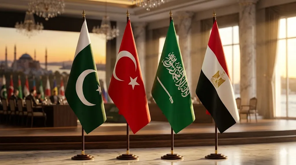 Istanbul Quad military alliance flags of Turkey Saudi Arabia Pakistan and Egypt displayed together at a high level summit in Istanbul