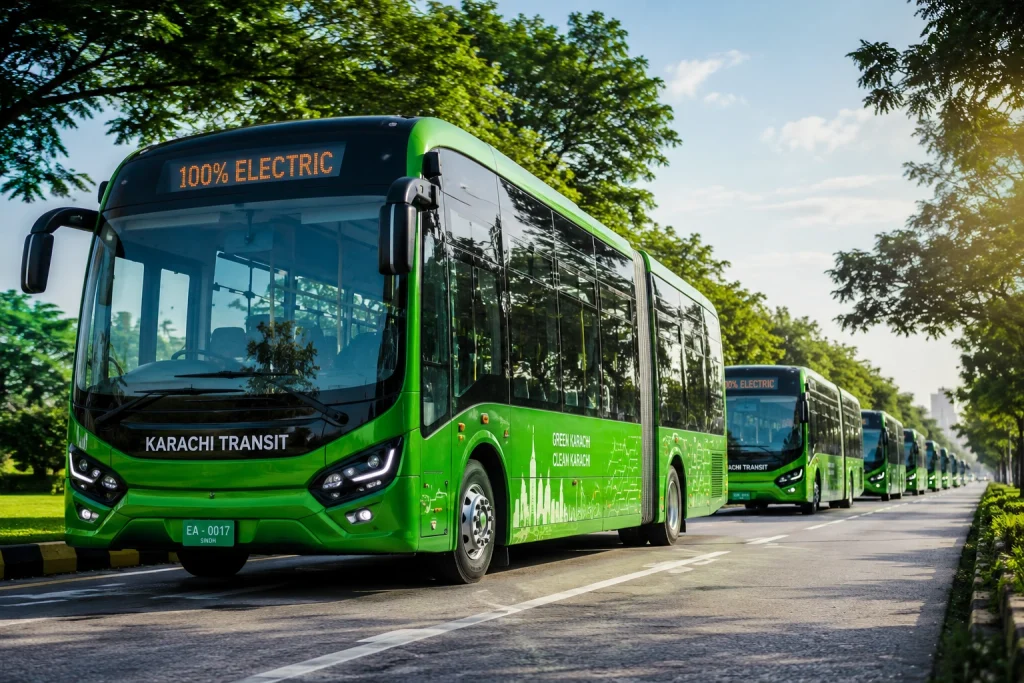 Purchase of 500 EV Buses for Karachi Approved Karachi EV buses convoy driving on modern green transport route under Sindh government EV project