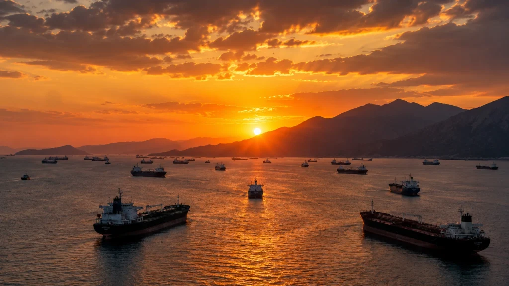 Iran Gulf of Oman threat visual showing cargo ships and oil tankers sailing through strategic Middle East waters during sunset amid rising regional tensions