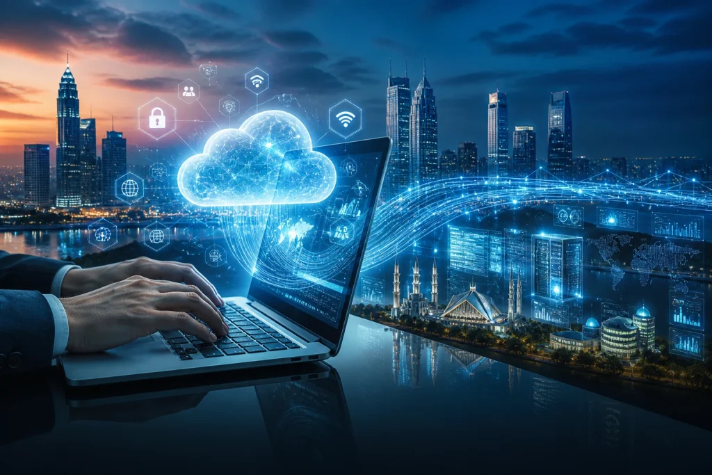 Pakistan cloud computing infrastructure with Tier-III data centre and UBL Indus Cloud partnership visualization