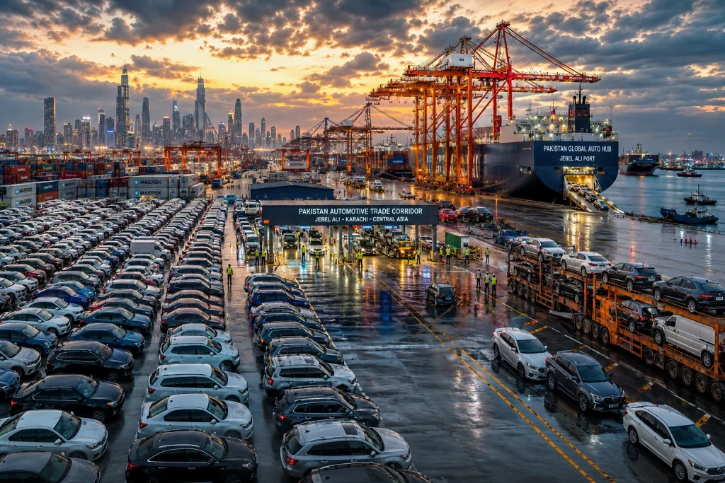 Pakistan Eyes Dubai-Style Used Car Export Hub Under New Auto Policy 2026-31 Pakistan used car export policy 2026 Jebel Ali Dubai-style refurbishment hub