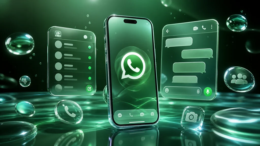 WhatsApp Is Getting a Huge New Look — Here’s What’s Changing WhatsApp Liquid Glass design showing transparent interface with floating chat bar in new UI update