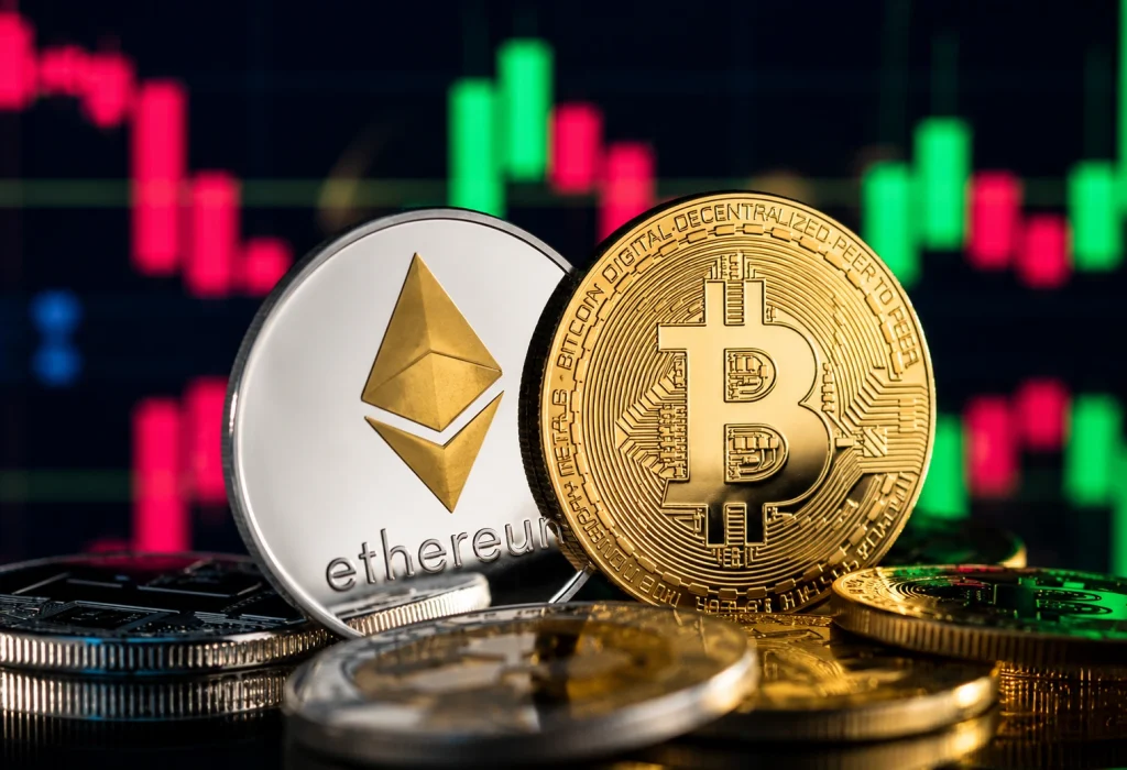 Bitcoin Falls Below $55,000, Putting the Crypto Rally to the Test A digital financial display monitor illustrating a sharp Bitcoin price drop on a red candlestick chart.