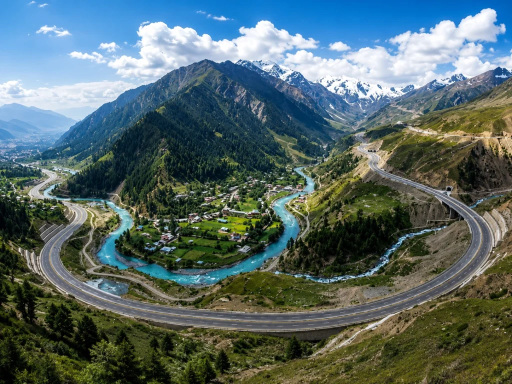172km Expressway Corridor Approved to Improve Access to Kaghan and Chilas Aerial view of Babusar Top mountain pass in northern Pakistan with construction route overlay for MNJC Motorway project