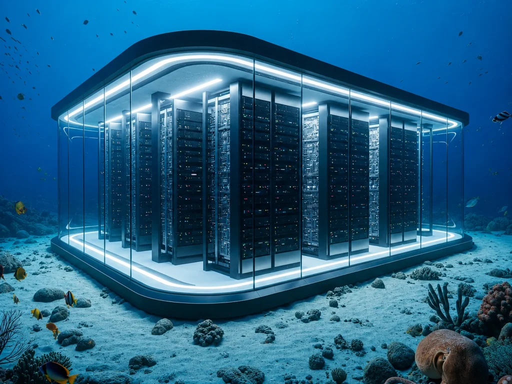 China underwater AI data center 2026 — HiCloud Technology facility submerged 10km off Shanghai Lingang showing seawater cooling system and offshore wind power connection