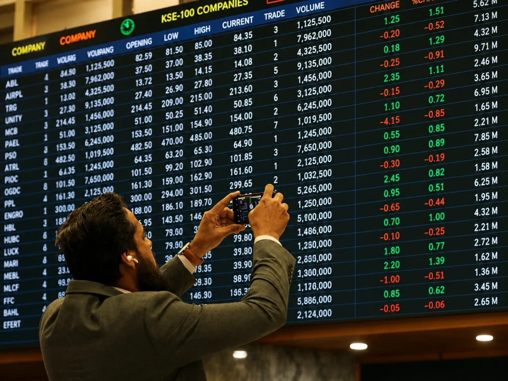 KSE-100 Drops 1,913 Points at Open as Iran Tensions and Global Tech Selloff Hit Pakistan Markets KSE-100 PSX selloff Iran geopolitical 2026 — stock market trading screen showing 1,913-point decline to 168,565 on Monday June 7 with oil gas banking cement stocks in red