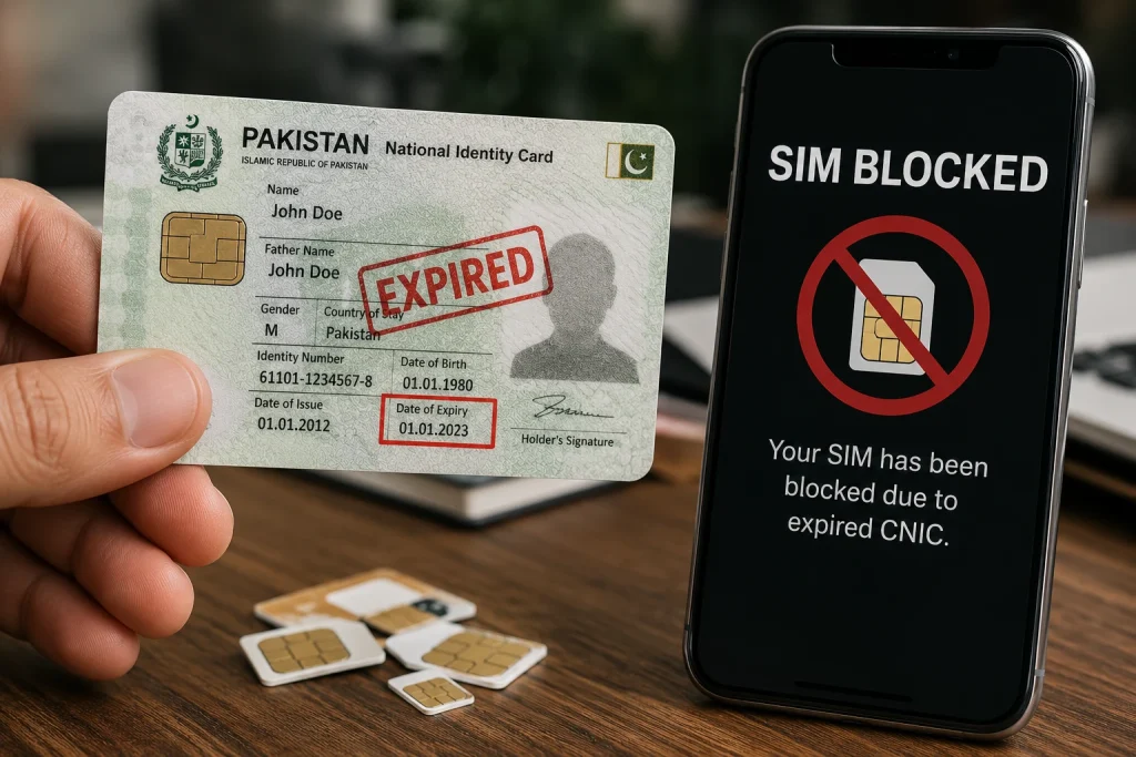 SIMs Linked to Expired CNICs Likely to Be Blocked: PTA Expired CNIC SIM Block warning issued by PTA advising mobile users to renew their CNICs and update SIM registration details to avoid service suspension.