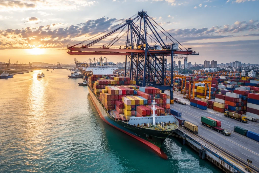 Karachi Port Shatters 138-Year Record, Crosses 54 Million Tonnes of Cargo Karachi Port Cargo Record shows a container ship docked at Karachi Port after KPT handled a historic 54.685 million tonnes of cargo in FY2025-26.