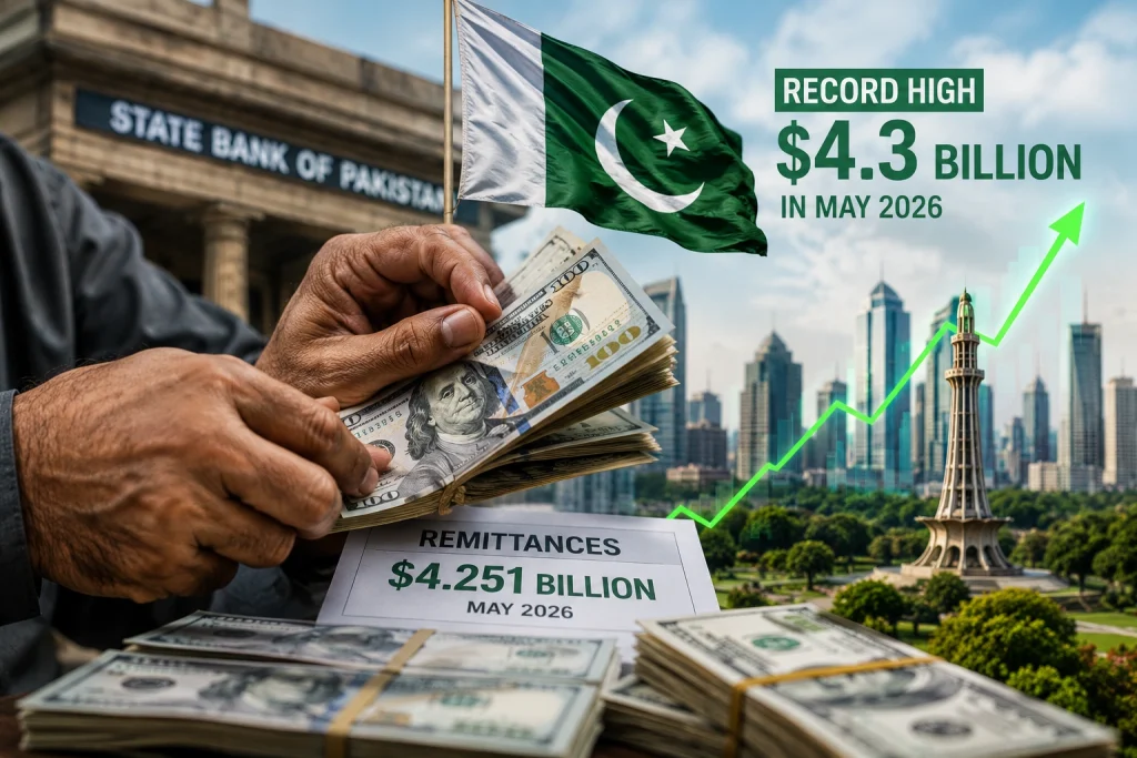 Pakistan Remittances May 2026 hit a record $4.3 billion as overseas Pakistanis increased remittance inflows through formal channels.