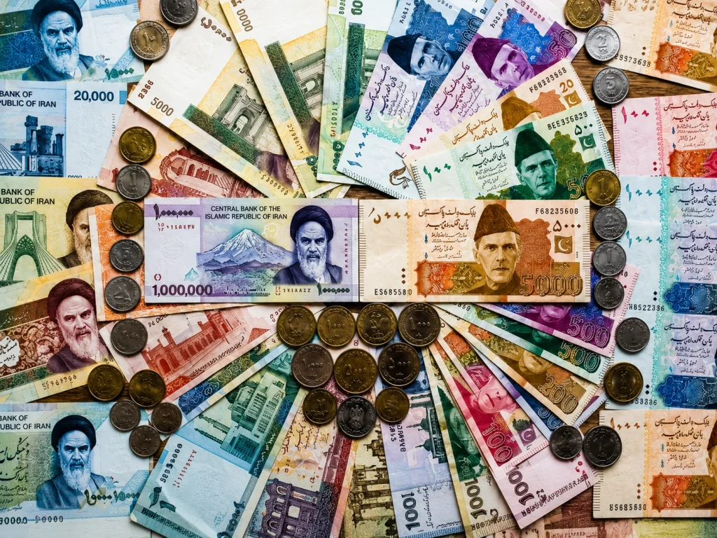 Pakistani currency exchange market in Karachi showing Iranian rial rate Pakistan 2026 trading at 1.75 million rials per US dollar amid sanctions economic pressure